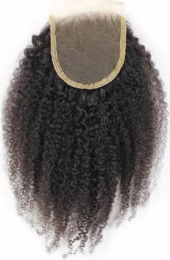Kinky curly hair extension with a lace closure on a white background