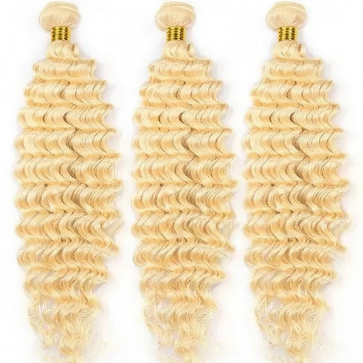 Blonde curly hair bundles with gold bands