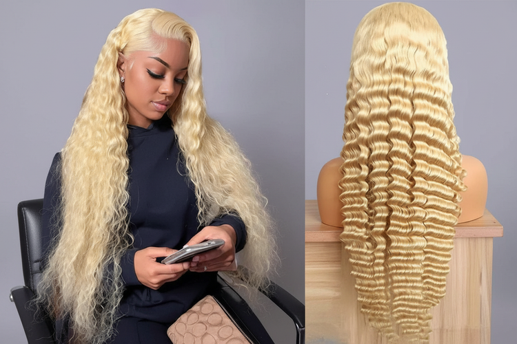 Enhanced blonde deep wave wig front and back