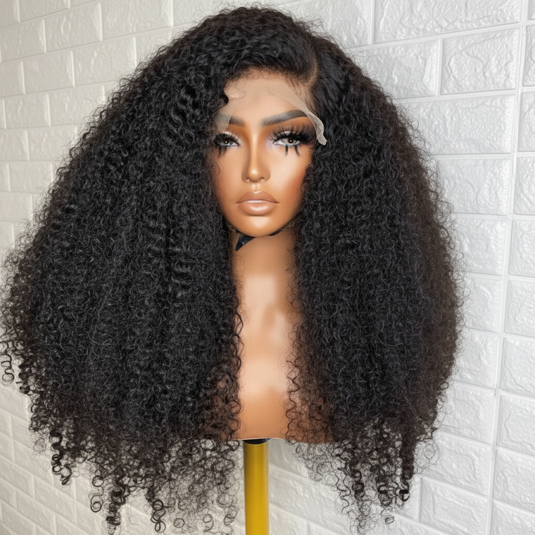 Enhanced kinky curly wig on mannequin