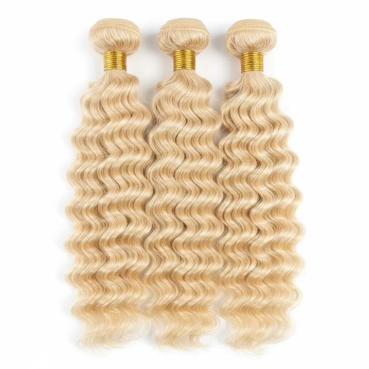 Enhanced three blonde deep wave hair bundles with gold bands