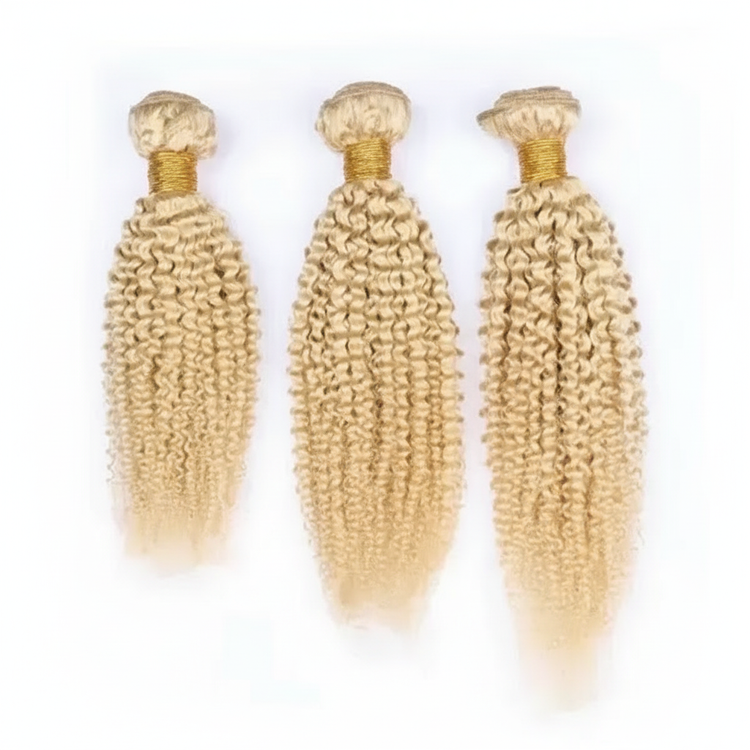 Enhanced three blonde kinky curly hair bundles with gold bands