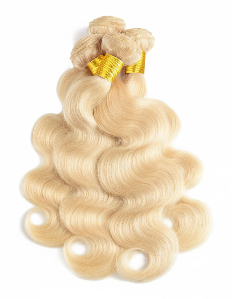 Enhanced two blonde body wave hair bundles with gold bands