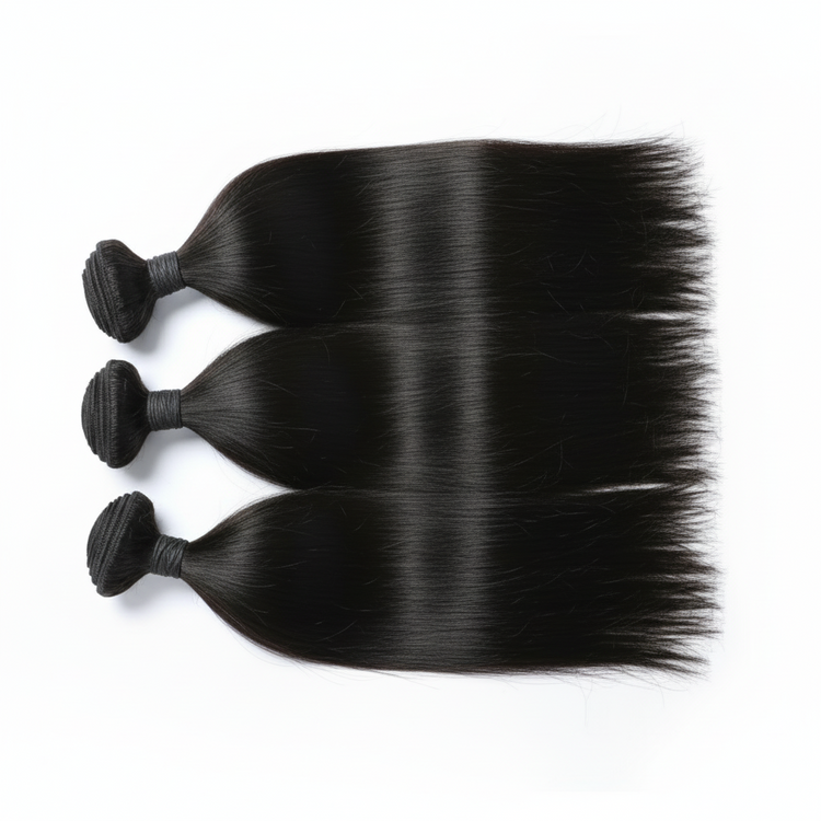 Butterfly Effect three bundles of straight black hair extensions on a white background