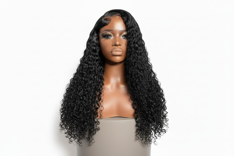 Kinky curly wig on stool