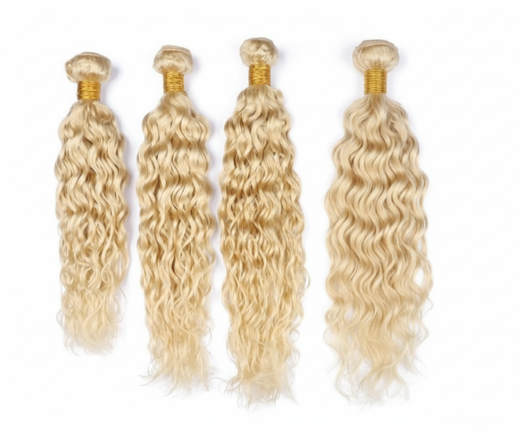 Three blonde curly hair bundles with gold bands