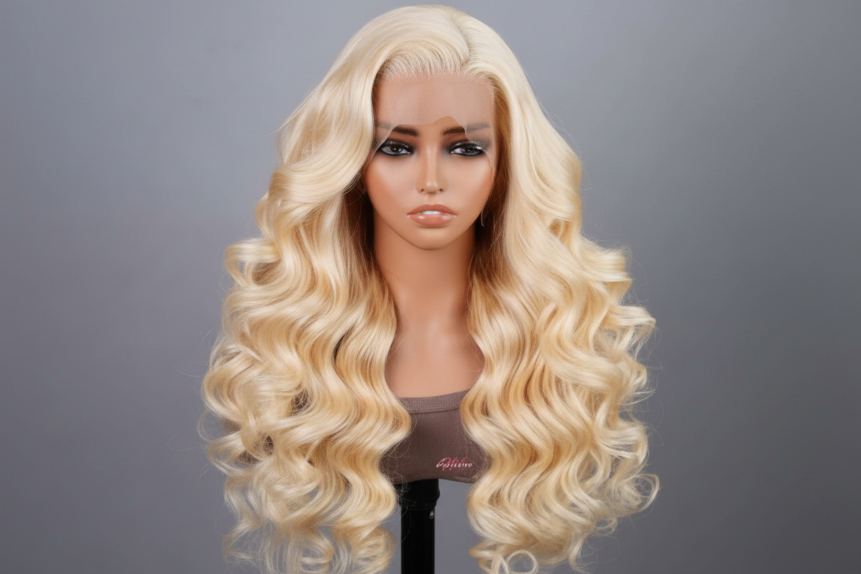 Enhanced blonde wig on mannequin