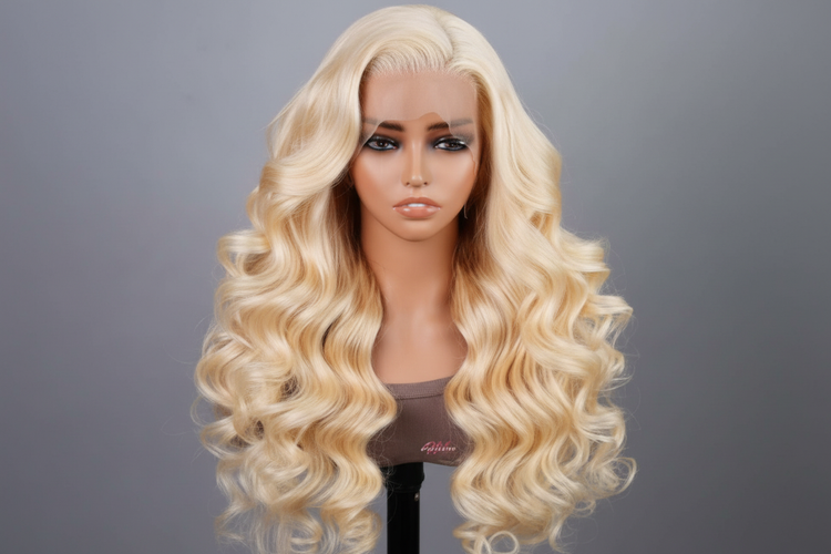 Enhanced blonde wig on mannequin
