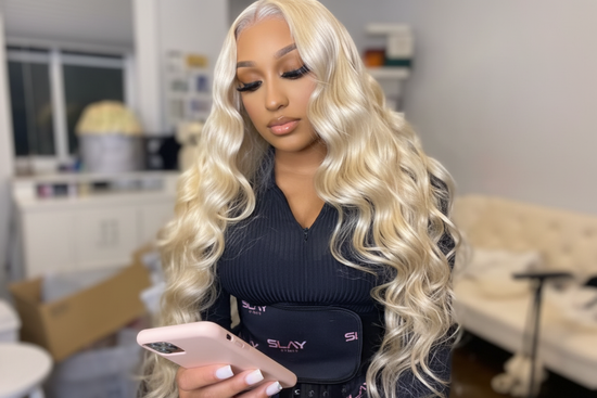 Enhanced blonde wig on model