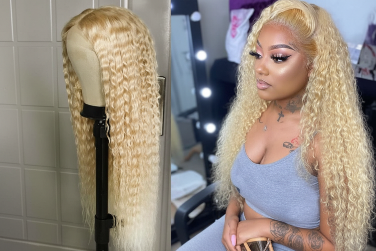 Enhanced blonde wig with mannequin and model