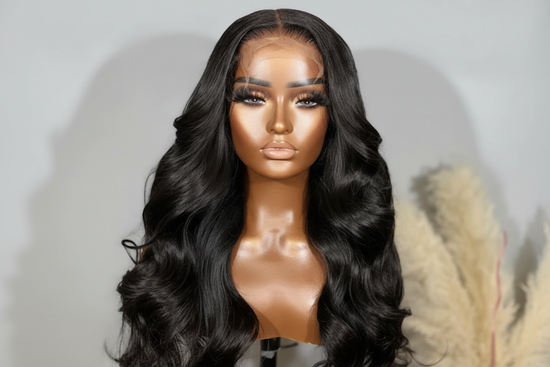Enhanced body wave wig on mannequin