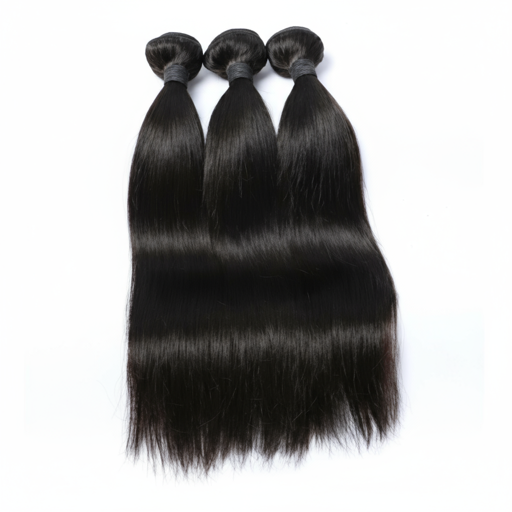 Butterfly Effect three bundles of straight black hair on a white background