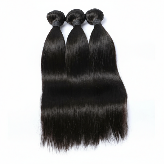 Butterfly Effect three bundles of straight black hair on a white background