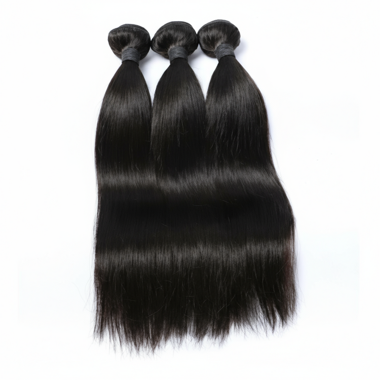 Butterfly Effect three bundles of straight black hair on a white background