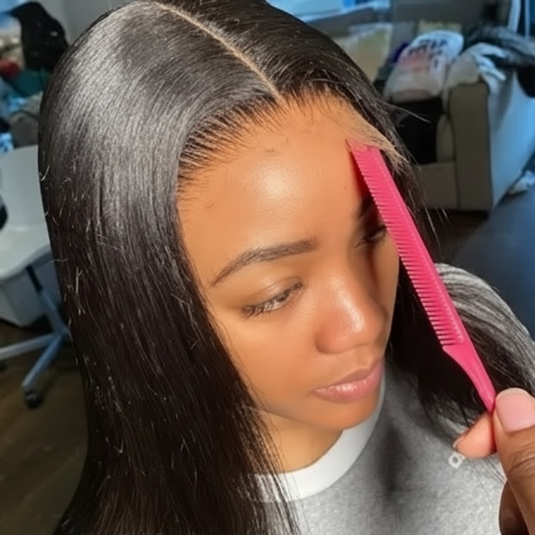 Enhanced image of woman wearing black straight lace front wig