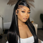 Enhanced image of woman wearing black straight lace front wig