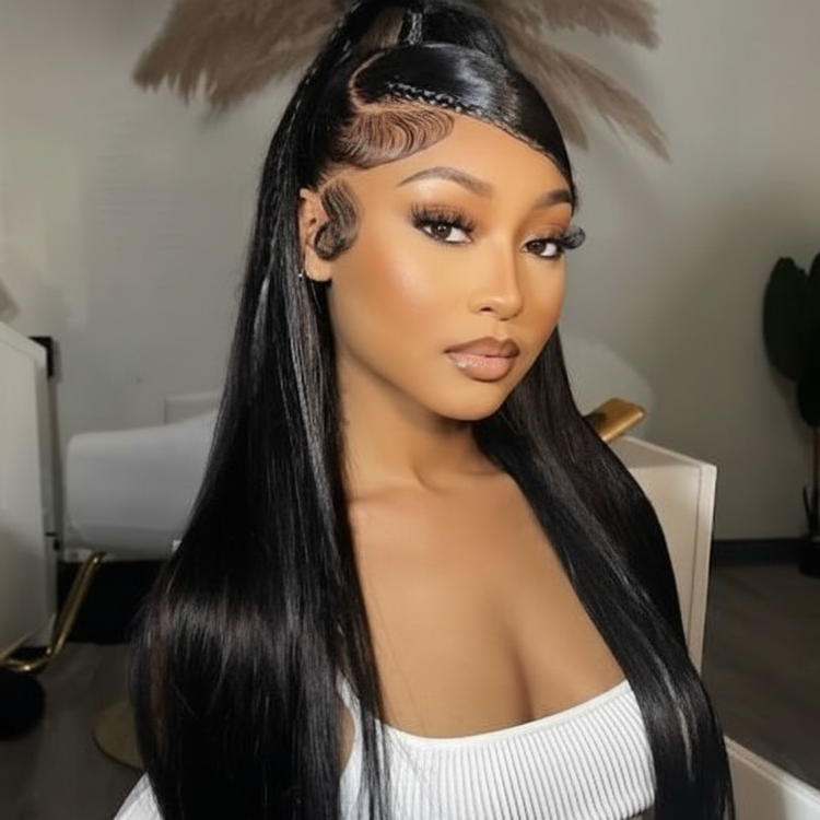 Enhanced image of woman wearing black straight lace front wig