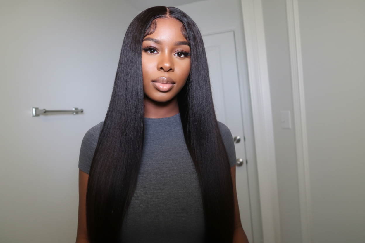 Enhanced kinky straight wig with improved clarity
