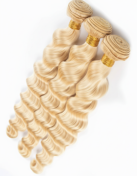 Enhanced three blonde body wave hair bundles with gold bands