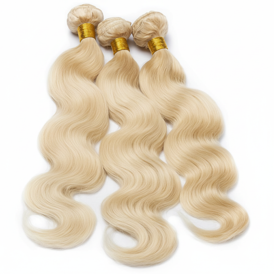 Enhanced three blonde body wave hair bundles with gold bands