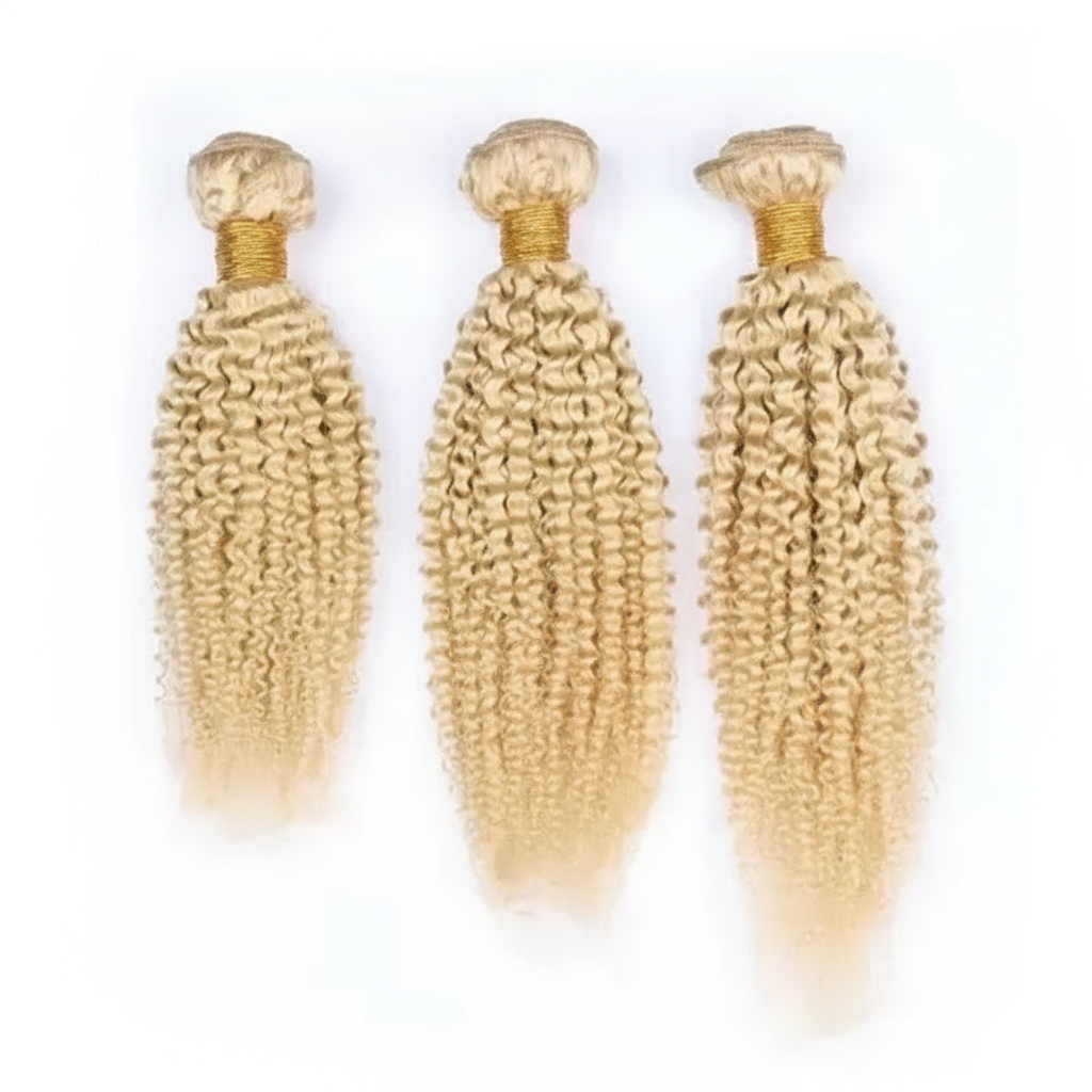 Enhanced three blonde kinky curly hair bundles with gold bands