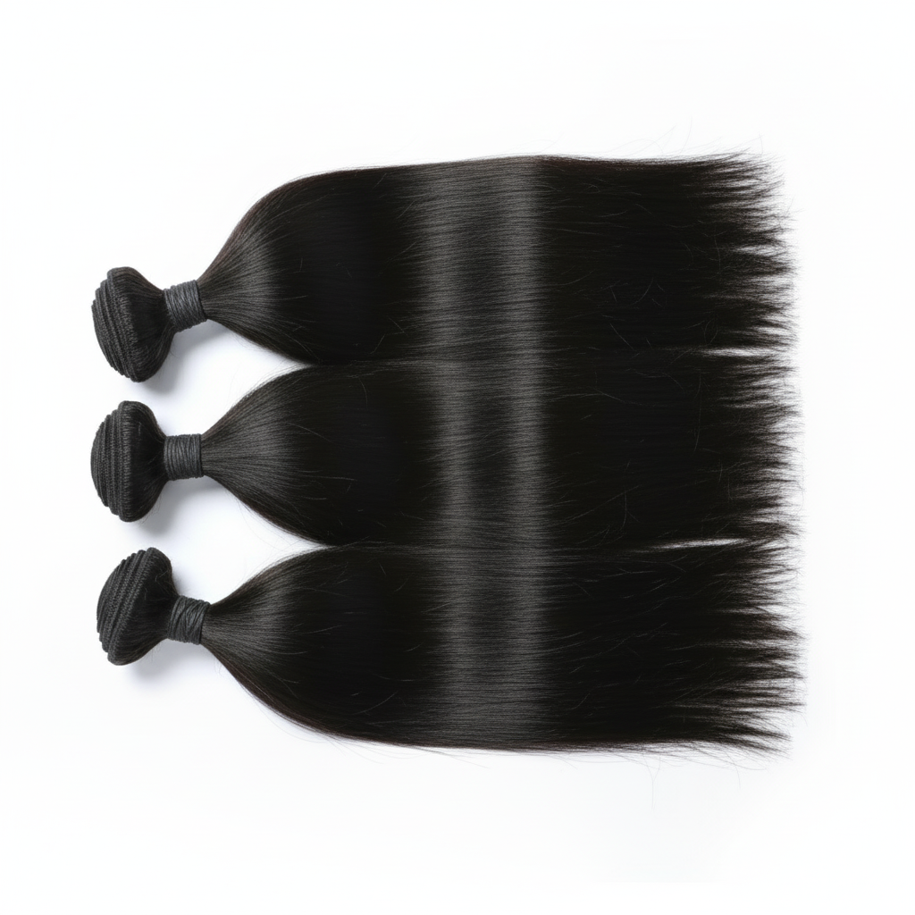 Butterfly Effect three bundles of straight black hair extensions on a white background