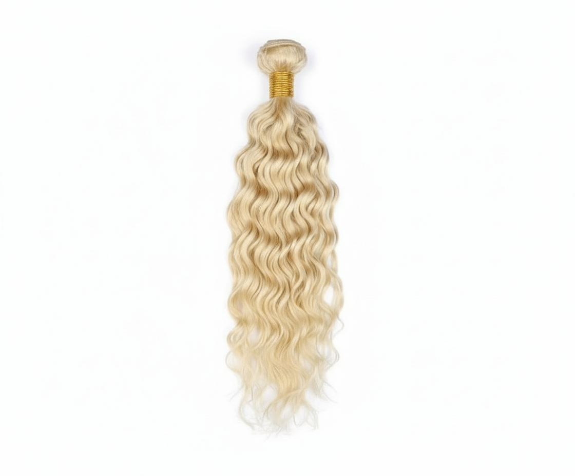 Single blonde curly hair bundle with gold band