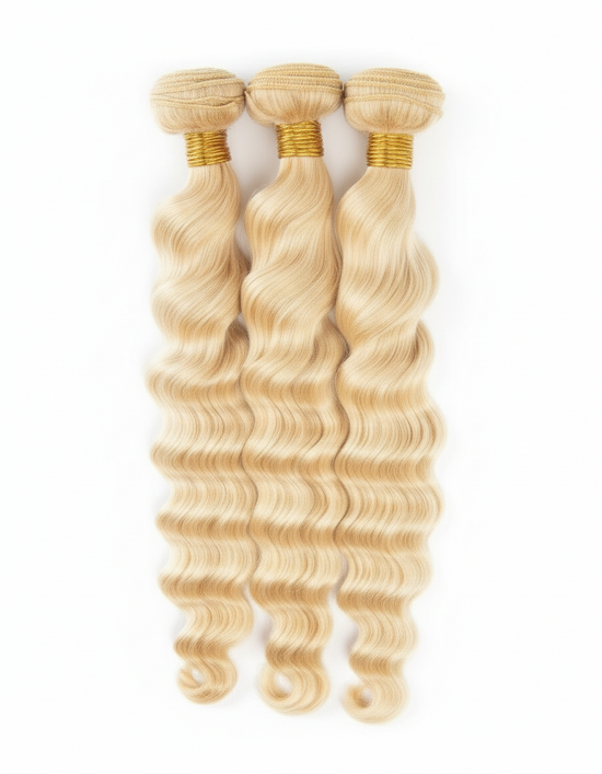 Three blonde body wave hair bundles positioned vertically
