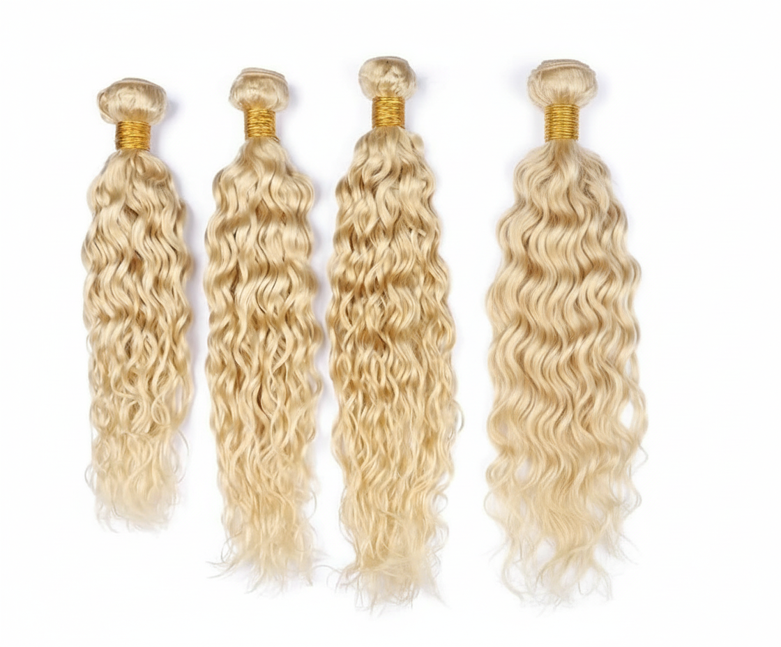 Three blonde curly hair bundles with gold bands