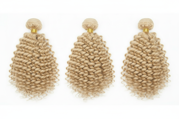 Three warm 613 blonde curly hair bundles with gold bands side by side